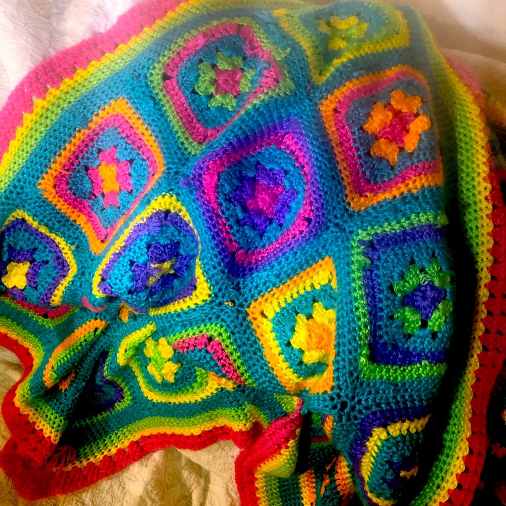Blanket/ throw handmade knitted Afghan. All bright